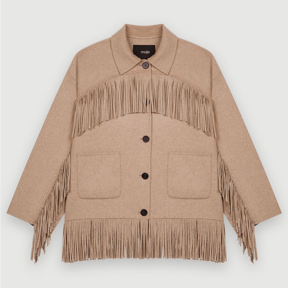 Maje Tan Utility Jacket with Fringe Details